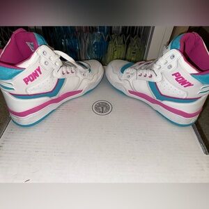 PONY M-110 Archive sneakers in White, Scuba Blue, and Pink